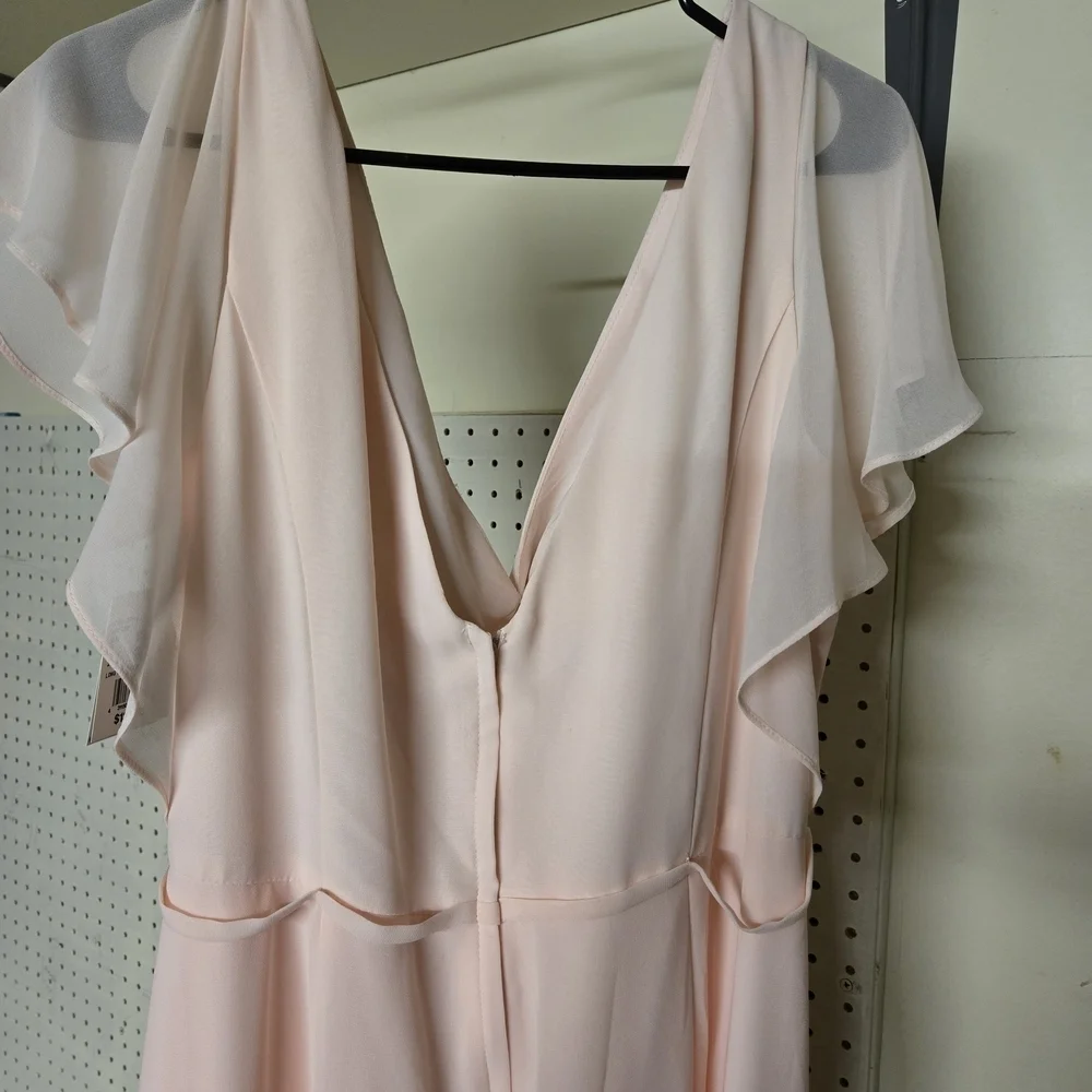 Soft Pink V-Neck Dress with Ruffle Sleeves - Picture 9 of 9